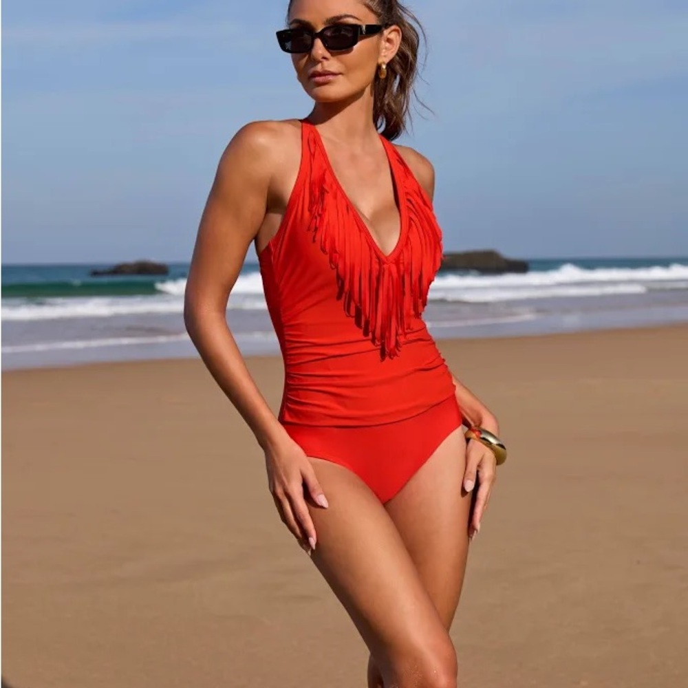 Fringe Halter V Neck One Piece